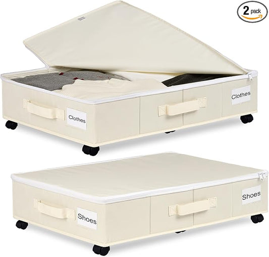 Vincona Under Bed Storage with Wheels, 2 Pack Under Bed Storage Containers with Label Holders for Clothes, Shoes and Blankets, Rolling Underbed Shoe Organizer with Cover, Beige (30.71x15.7x7.28 in)