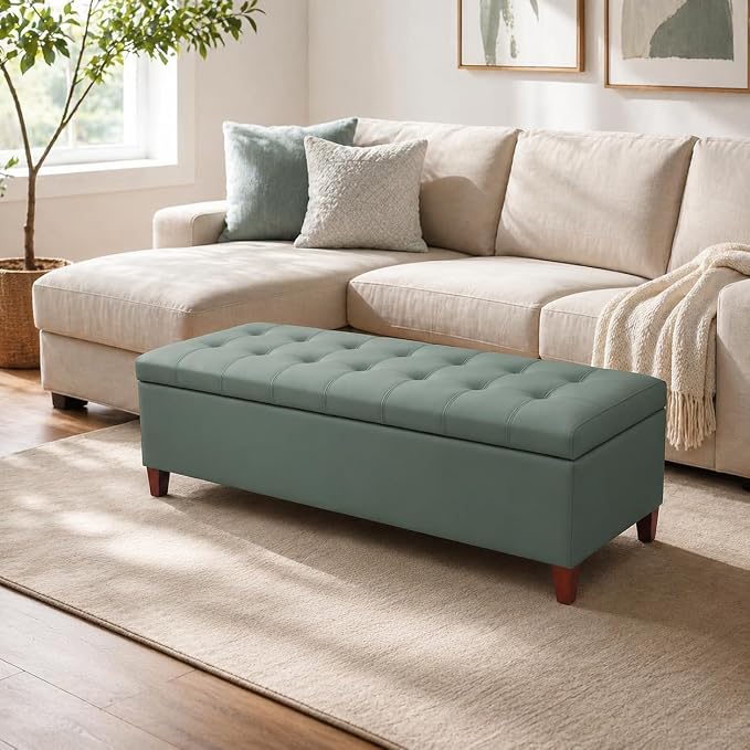 Ottoman with Storage, 51 Inch End of Bed Storage Bench, Faux Leather Upholstered Ottomans with Hinged Lid, Rectangle Long Foot Rest Bench for Entryway Living Room Bedroom Light Green
