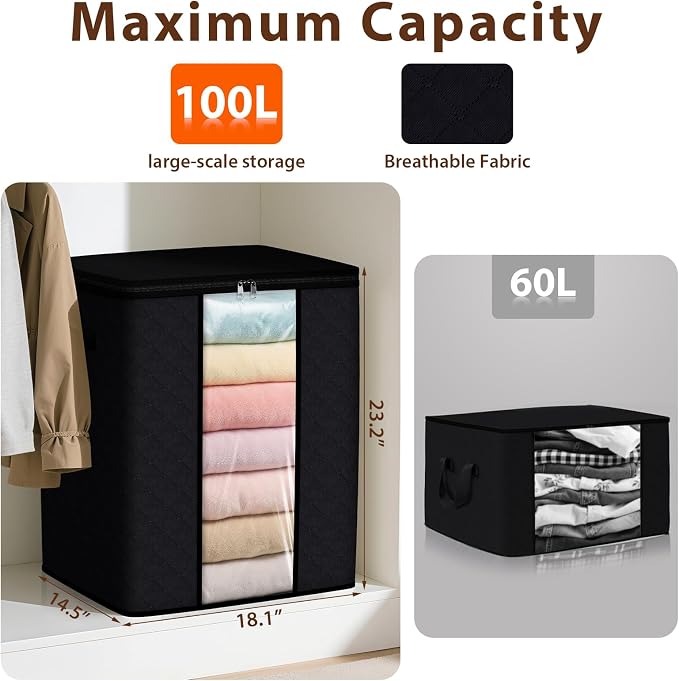 SpaceWhisper 8 Pack 100L Clothes Storage, Foldable Thick Fabric Blanket Storage Bags, Containers for Organizing Bedroom, Closet, Clothing, Comforter,Closet Organization with Handle,Black