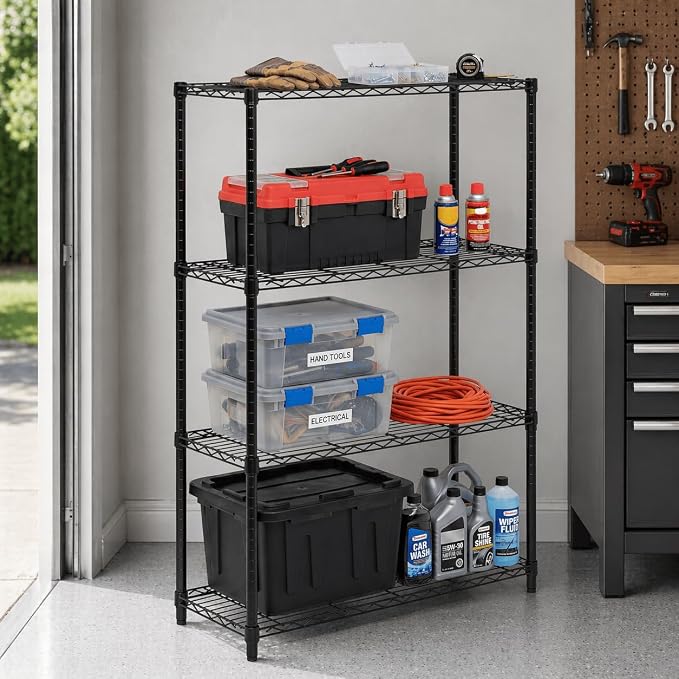 Honey-Can-Do 4-Tier Heavy Duty Adjustable Shelving Unit, 250-lb Per Shelf Metal Storage Rack, Wire Shelf for Garage Kitchen Office Pantry, Black, 36 x 14 x 54 in
