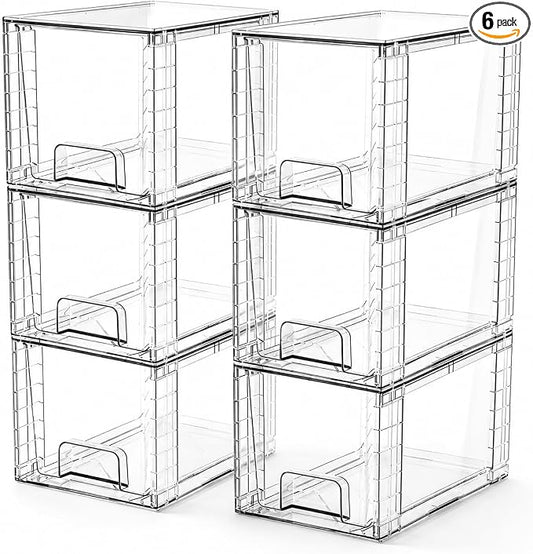 6 Pack Stackable Acrylic Storage Drawers – Clear Plastic Organizer Bins, Easy to Assemble, Suitable for Bathroom, Undersink, Kitchen, Pantry, Makeup, Medicine Organization