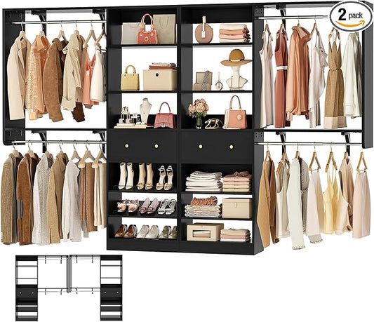 [10 FT Closet System] 120 Inch Reversible Set of 2 Wood Closet Organizer System with 2 Drawers, 4 Hanging Rods Adjustable Shelf, Walk In Closet Organizers with Shoe Rack, Garment Rack, Black