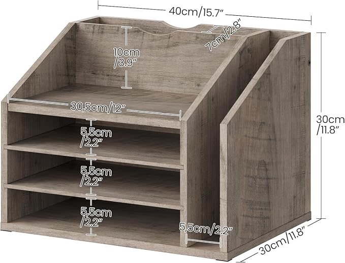 Wooden Desk Organizer with Adjustable Partitions, Multi-Layer Desktop File Holder for Home Office, Paper & Stationery Storage Organizer, Greige MWJ04FH