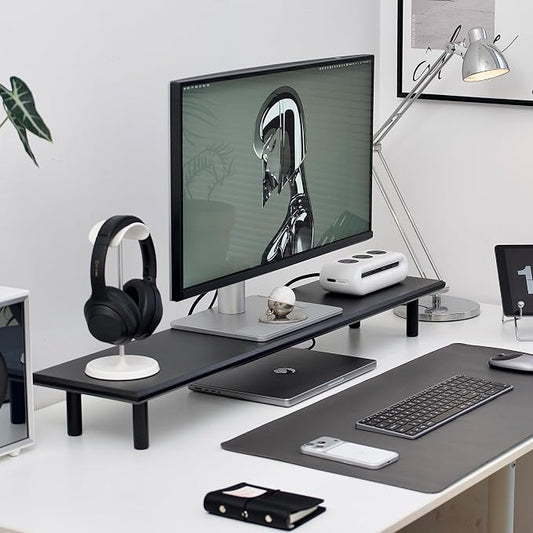 Bamboo Dual Monitor Stand Riser, Black Desk Shelf with Storage | 39.37-Inch Wide, 3.5-Inch Clearance, Fits Keyboards, Soundbars and Two 24-Inch Monitors for Home Office