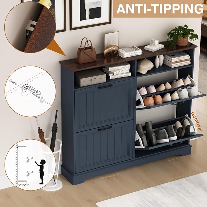 Hidden Shoe Storage Cabinet with 4 Flip Drawers & Open Storage | Farmhouse Modern Shoes Rack Cabinet,Adjustable Shelves ,Narrow Slim Shoe Organizer for Entryway,Foyer,Hallway,Navy Blue