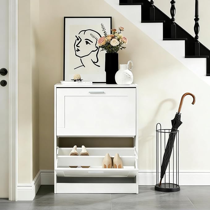 Haotian Shoe Cabinet Storage for Entryway | Narrow Shoe Cabinet with Two Flip Drawers to Save Space, Shoe Rack Cabinet for Front Door Entrance Hallway (White)