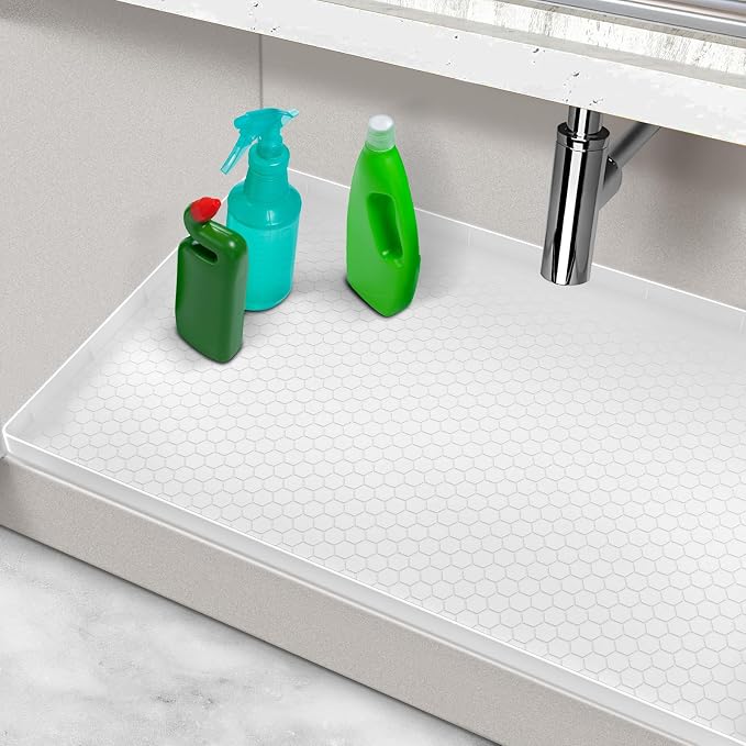 Under Sink Mats for Kitchen Waterproof, Silicone Under Kitchen Sink Mat and Protector for 34" x 22" Cabinets, Under Sink Organizer Tray, Shelf Liner Cabinet Liner for Bathroom, White