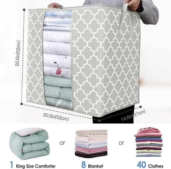 WISELIFE Storage Bags 6 Pack/100L Large Blanket Clothes Organization and Storage Containers for Comforters,Bedding, Foldable Organizer with Reinforced Handle, Clear Window, Sturdy Zippers,Lvory