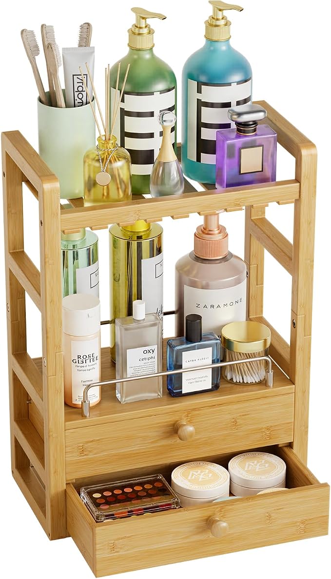 AmazerBath Bamboo Bathroom Counter Organizer, 2-Tier Makeup Organizer with 2 Drawers, Vanity Organizer Storage Coffee Matcha Station, Compact Shelf for Bathroom Kitchen Office Countertop