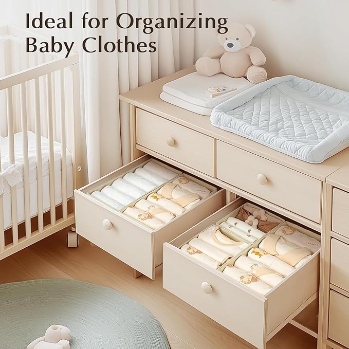 DIMJ Drawer Organizers Clothes, Set of 16 Dresser Organizer Bins, Fabric Closet Organizers and Storage, Shallow Drawer Dividers for Nursery, Clothing, Baby Clothes, Socks, Underwears, Tie (Beige)