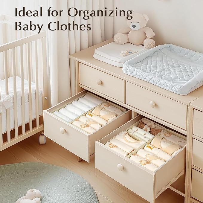 DIMJ Drawer Organiser System Drawer Organiser - Fabric Storage Box, Drawer Inserts for Wardrobes, Wardrobe Organiser for Clothes, Pack of 8, Beige Classic
