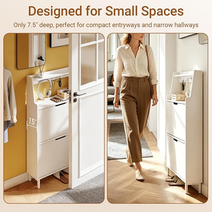 HHaotian Flip-Drawer Shoe Cabinet with Two Drawers & Open Shelves | Slim Hidden Shoe Rack Cabinet with Hook for Entryway, FSR221-W