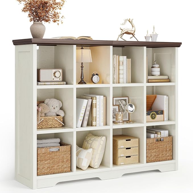 OffiGo 12 Cube Organizer Bookcase, Cube Shelf with Storage, Walnut + White | Modern Farmhouse Design, Open Cube Storage for Books & Decor, Display Shelf, Living Room, Bedroom, Home Office, Entryway