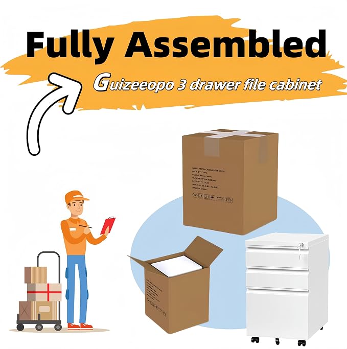 Guizeeopo 3 Drawer File Cabinet with Lock, File Cabinets for Home Office,Under Desk Cabinet, Locking File Cabinet for A4/Letter/Legal, Fully Assembled Expect Casters, Matte White