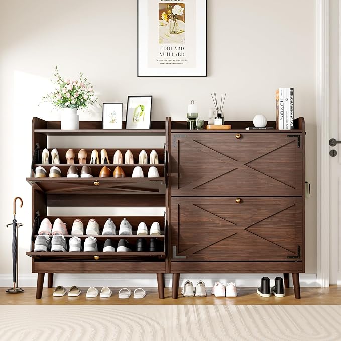 YZ HOME Shoe Storage Cabinet with 2 Flip Drawers | Entryway Shoe Cabinet, Metal Hooks & Adjustable Shelves, Freestanding Narrow Shoe Rack for Hallway Foyer, Brown