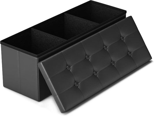 LITZFUR 43" Storage Ottoman Bench, Folding Faux Leather Chest, Black | Stroage Box with 2 Dividers, Foot Rest Stool, Padded Seat for Bedroom, Entryway, Living Room