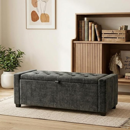 47" White Ottoman Bench, Comfort Bed End Storage Bench for Living Room | Versatile design works as a coffee table or footstool; easy assembly, sturdy structure, and comfortable padded cushion.