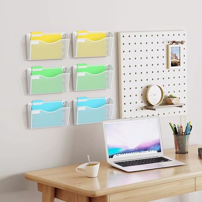 samstar 6 Pack Mesh Wall Mounted File Holder Metal Wall File Pocket Mail Organizer for Office/Home(with Label Panel), White