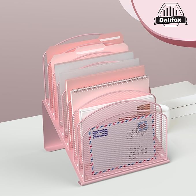 Inclined Desk File Organizer, 8-Section Upright Desk Organizer Standing File Sorter for Office Classroom Desktop Organization (Pink, 8)