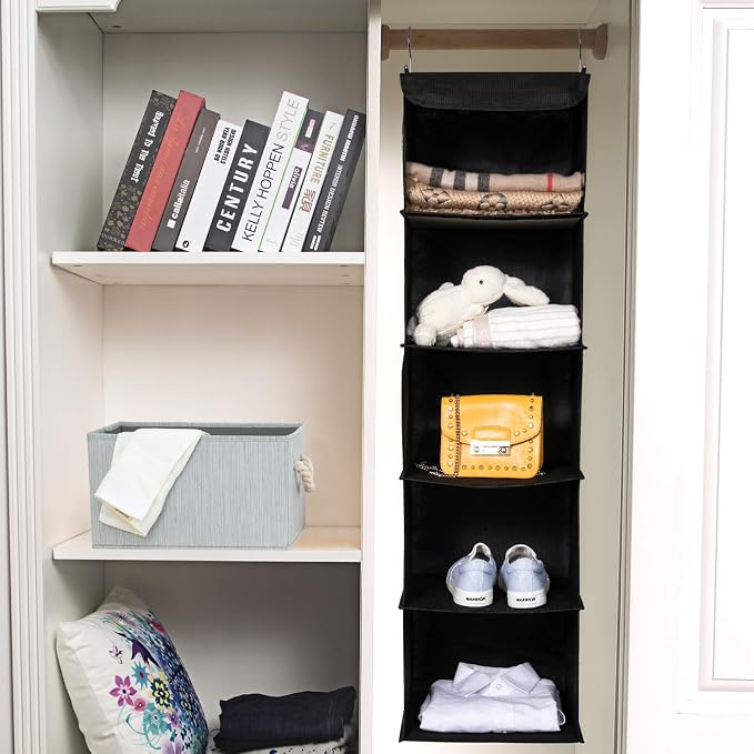 BrilliantJo 2 Pack Hanging Closet Organizer, 5 Shelves Hanging Storage with 6 Side Pockets for Clothes Shoes, 43"x12"x12"(Black)