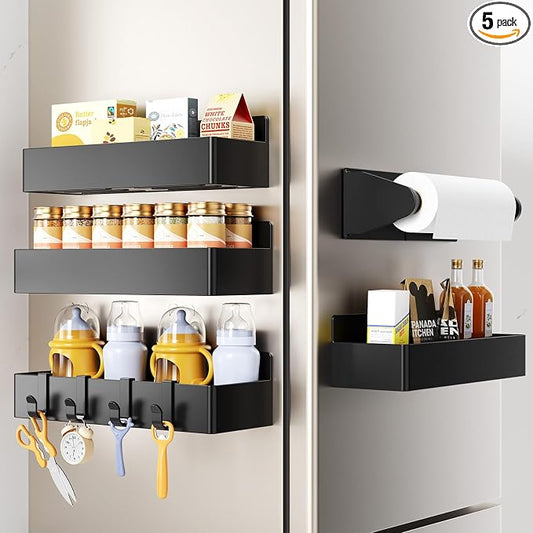 Mystozer Magnetic Spice Rack for Refrigerator,5 Pack Magnetic Shelf,Fridge Magnet Organizer with Paper Towel Holder,Fridge Organizers and Storage Black(5 Pack)