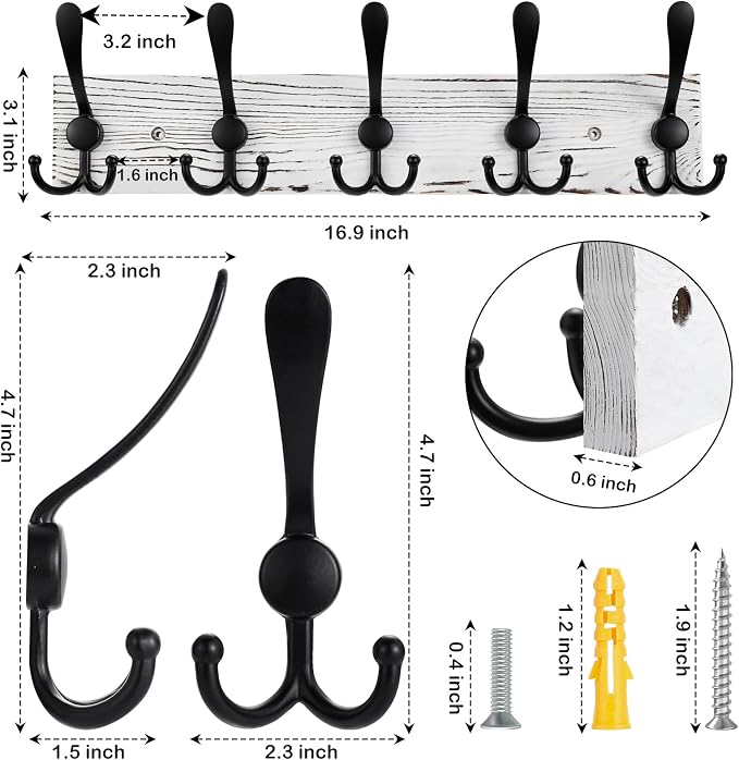 Kuhome Coat Rack Wall Mount Wooden Hat Rack for Wall Hooks Pine Real Wood Plank 16.9" White Coat Hanger with 5 Black Triple Hooks for Hanging Coat Hat Jacket