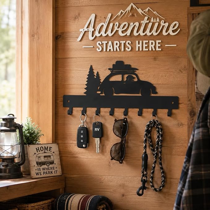 RV Decor Key Holder for Wall, Camper Key Rack with 8 Hooks, Black | Metal RV adventure decor with no-drill glue or screw mounting, ideal for entryway, hallway, living room, camper and RV
