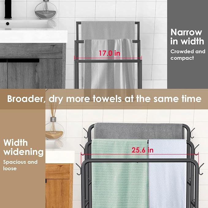 Kayfia 40'' Freestanding 3 Tier Metal Towel Rack, 2 Baskets & 6 Hooks | Dual-Use Drying & Display Rack, Holds Oversized Bath Towels & Blankets, fits Indoor, Bathroom, Bedroom & Outdoor, Black