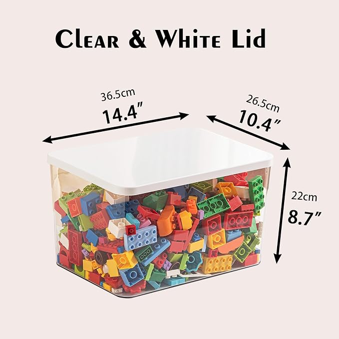 Clear plastic storage bins with LIDS,storage containers for snacks, cosmetics, books, dog food, Storage Organizer for Nursery，Kitchen, Living room,Bedroom, Bathroom, Office (Clear-White Lid, 3XL)