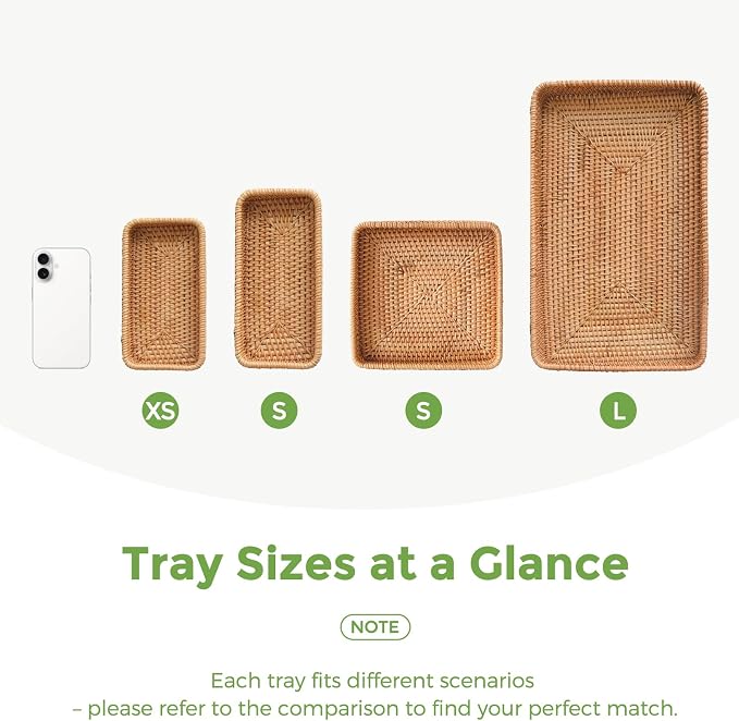 Rattan Serving Tray, Rectangle Wicker Storage Basket for Organizing | M(14.6" × 9.1"), Natural Rattan, Decorative Woven Trays Wicker Baskets for Storage, Home Decor, Bathroom, Kitchen Counter