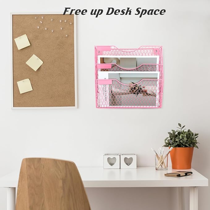 EASEPRES Mail Organizer Wall Mount Hanging File Holder Storage, Metal Chicken Wire Magazine Rack 3 Tier, Pink
