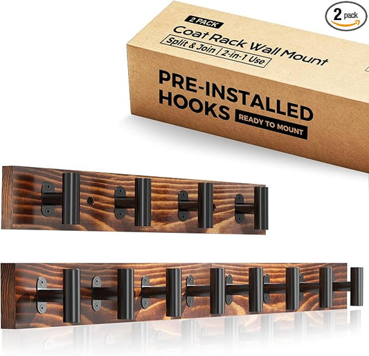 2 Pack Coat Rack Wall Mount with 8 Pre-Installed Metal Hooks | 32.3" Rustic Pine Solid Wood Coat Hooks Wall Mount for Hanging Jacket Hat Backpack, Entryway Living Room, Easy to install