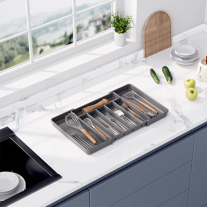 Aujen Silverware Drawer Organizer, Adjustable Utensil Cutlery Tray | Expandable Kitchen Organizer for Forks Knives, Multipurpose Kitchen Storage, Apartment Essentials, Grey, Large