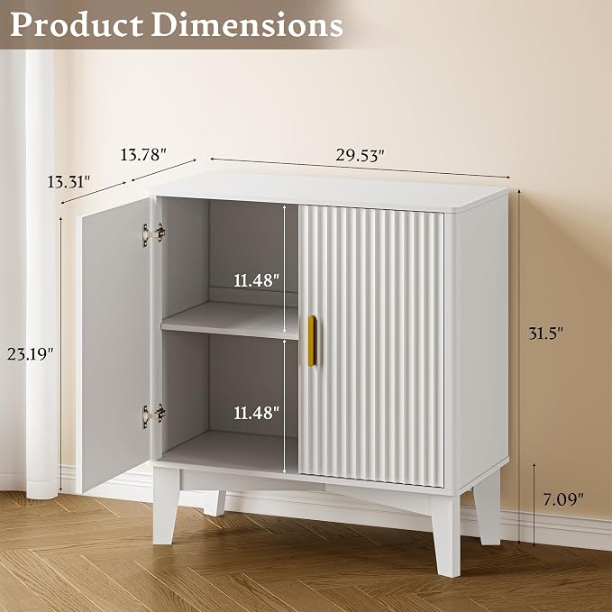 BORNOON Storage Cabinet with Doors and Adjustable Shelf, Modern Fluted Sideboard Buffet Cabinet, Freestanding Coffee Bar for Kitchen, Pantry, Entryway, Living Room (White)