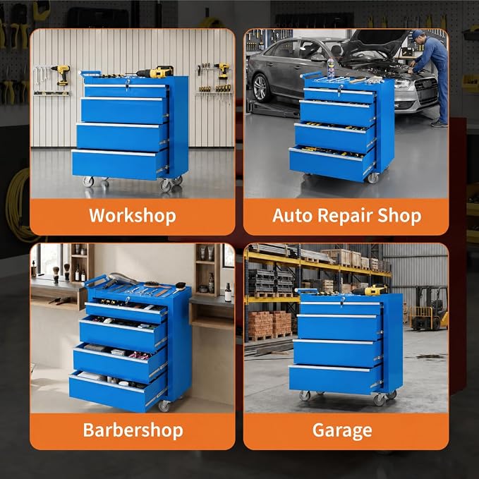 Garvee Rolling Tool Chest, 4 Drawers Tool Storage Cabinet, Toolbox with Wheels, Portable Tool Cabinet Organizer with Locking System & Drawer Liners, Tool Storage Cart for Garage, Workshop, Blue