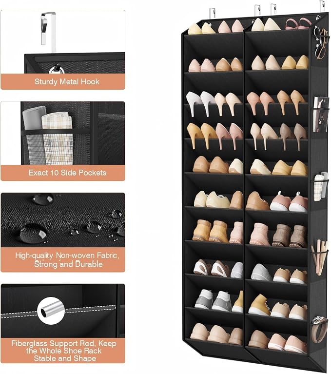 LANTEFUL Over the Door Shoe Organizer, Hanging Shoe Rack for Closet Door Shoe Storage for 30 Pairs Sneaker and Boots, Large Shoe Holder for Door with 10 Side Pockets, Space Saving, Black