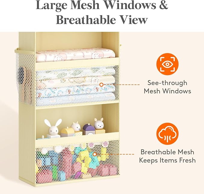 Lifewit 5 Tier Over the Door Diaper Organizer for Nursery, Large Heavy Duty Hanging Storage with 4 Mesh Side Pockets, Sturdy Back of Door Shelf for Baby Stuff Toy in Pantry, Laundry, Bathroom, Beige