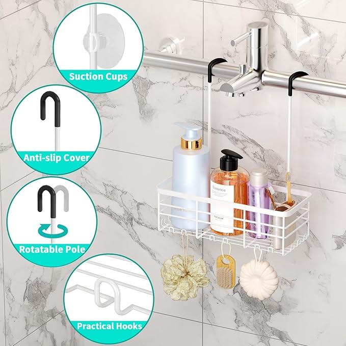 HapiRm Hanging Shower Caddy Organizer - No Drilling Shower Organizer with Hooks, Rustproof & Waterproof 304 Stainless Steel Bathroom Shelves - White (1 Basket)