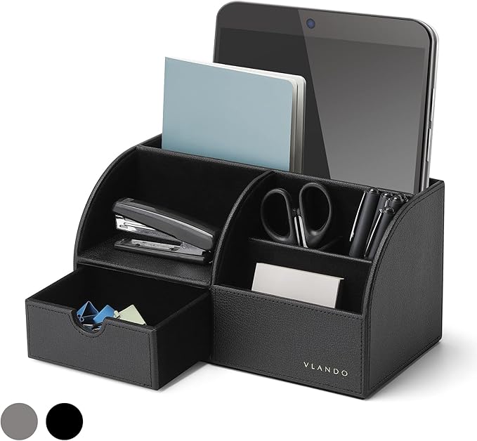 VLANDO Desk Organizer with Drawer, Leather Office Storage Caddy, Black | Leather desktop caddy with compartments and a pull-out drawer organizes pens, notes, remotes and everyday office supplies