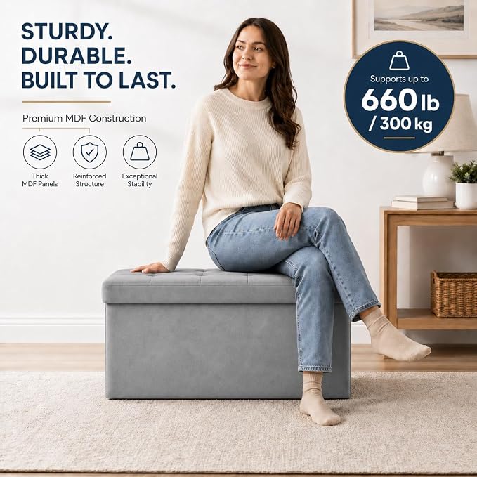 ALASDO 30 Inch Folding Storage Ottoman Bench with Hidden Storage, Velvet Storage Ottoman Foot Rest Stool, End of Bed Bench for Bedroom, Living Room, Entryway and Closet, Dark Gray