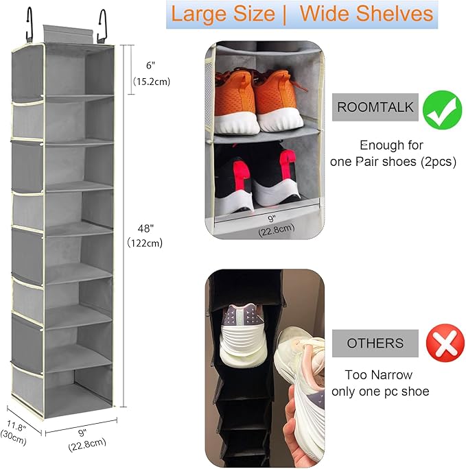 Large-Sized Hanging Shoe Organizer 8-Shelf, Hanging Closet Organizer with 8 Side Pockets, Wider Hanging Shelves for Storage Shoes Clothes 9" W × 11.8" D× 48" H, Grey