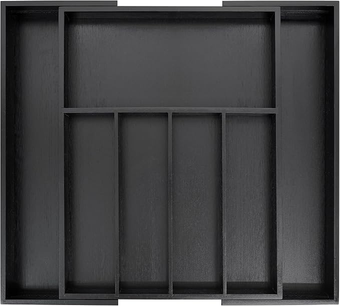 VaeFae Bamboo Drawer Organizer, Large, Black | Cutlery Drawer Holder, Drawer Divider for Silverware, Flatware，43 cm D x 32-55 cm W, 5-7 Slots, Black