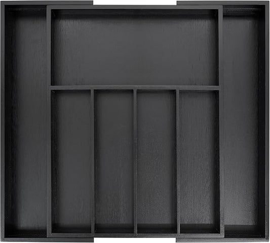 VaeFae Bamboo Drawer Organizer, Large, Black | Cutlery Drawer Holder, Drawer Divider for Silverware, Flatware，43 cm D x 32-55 cm W, 5-7 Slots, Black