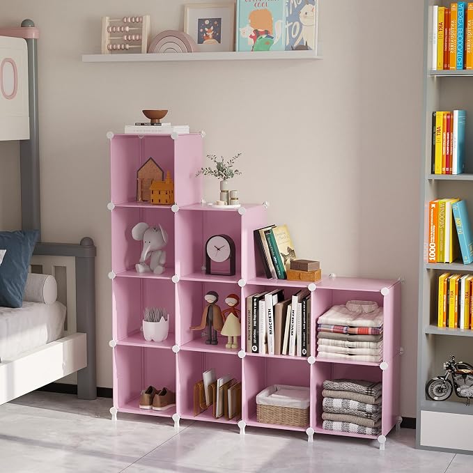 AWTATOS 12 Cube Storage Organizer, Closet Organizers Storage Shelves, Pink | Portable Closet Organizers, DIY Stackable Storage Cubes Shelves Bookshelf, Plastic Clothes Shelving for Home, Bedroom