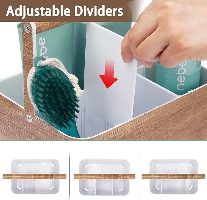BYUNER Shower Caddy Portable for College: Devided Bathroom Caddy Shower Basket for Dorm with Handle, Plastic Bathroom Counter Organizer Storage Tote Bin for Dorm,Kitchen,Cabinet, Wood Grain