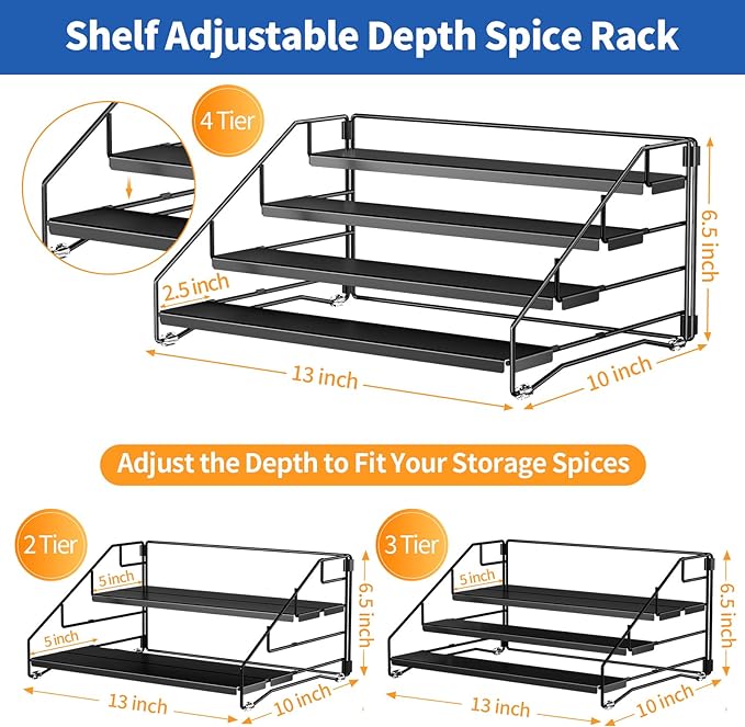 BOIVSHI 4 Tier Spice Rack Organizer, Spice Rack for Cabinet, Adjustable Depth Seasoning Shelf for Countertop, Pantry, Seasoning Organizer, Metal, Black (2 Pack)