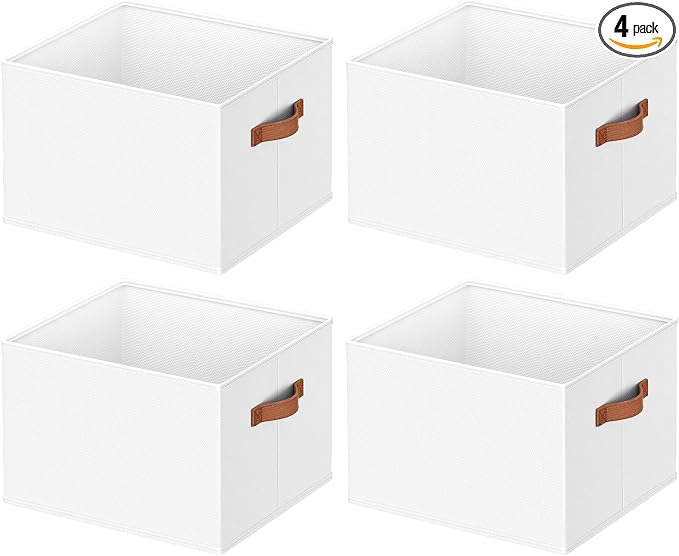 4 Pack Large Closet Storage Baskets Bins for Shelves, Collapsible Fabric Closet Organizers and Storage with Polyester Handles, Decorative Baskets for Organizing Clothes, Towels, Linen Closet 14"x10"