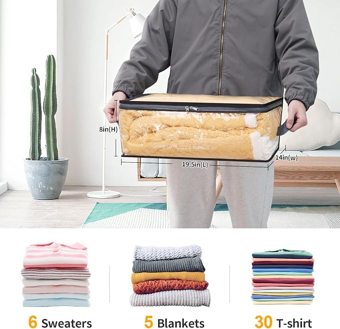 Blanket Storage Bags 6 Pack 35L Clear Plastic Clothes Closet Organizer | Clear Plastic, Zippered Closure, for Clothes Comforters Sweaters Blankets Sheets and Toys, Closet Storage