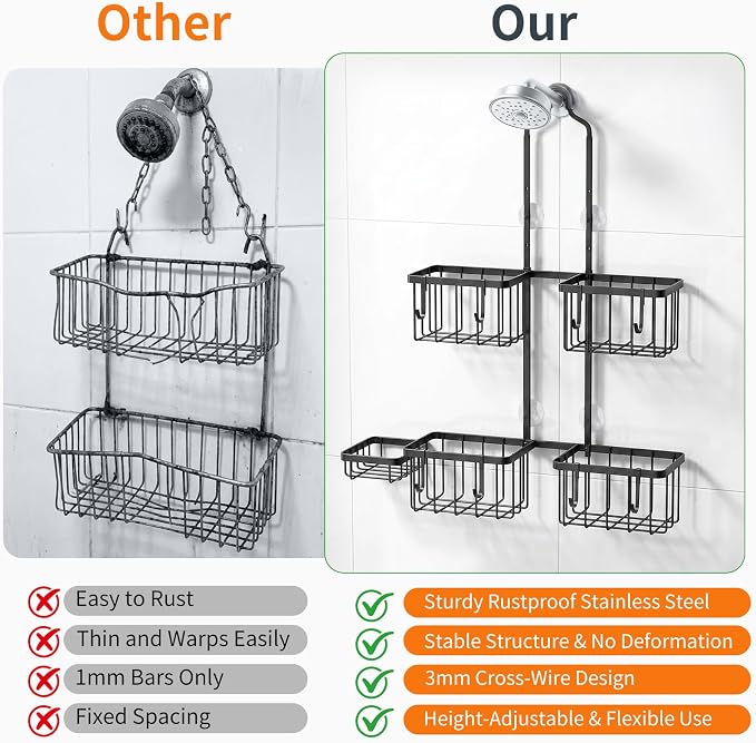 Luxspire Shower Caddy Hanging Overhead, Shower Organizer Hanging, Black | No Drilling Required, Height-Adjustable, Thickened Rustproof Stainless Steel, Heavy-Duty, Include 8 Hooks And Soap Holder