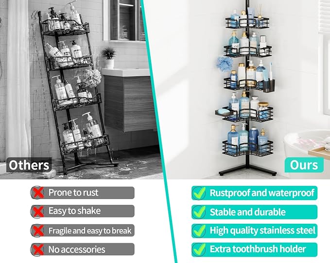 HapiRm Corner Shower Caddy Stand - 5-Tier Adjustable Shower Shelves, Black | Rustproof Stainless Steel, 4 Hooks, Soap and Toothbrush Holders, Large Capacity Shower Organizer for Tall Bottles, No-drill